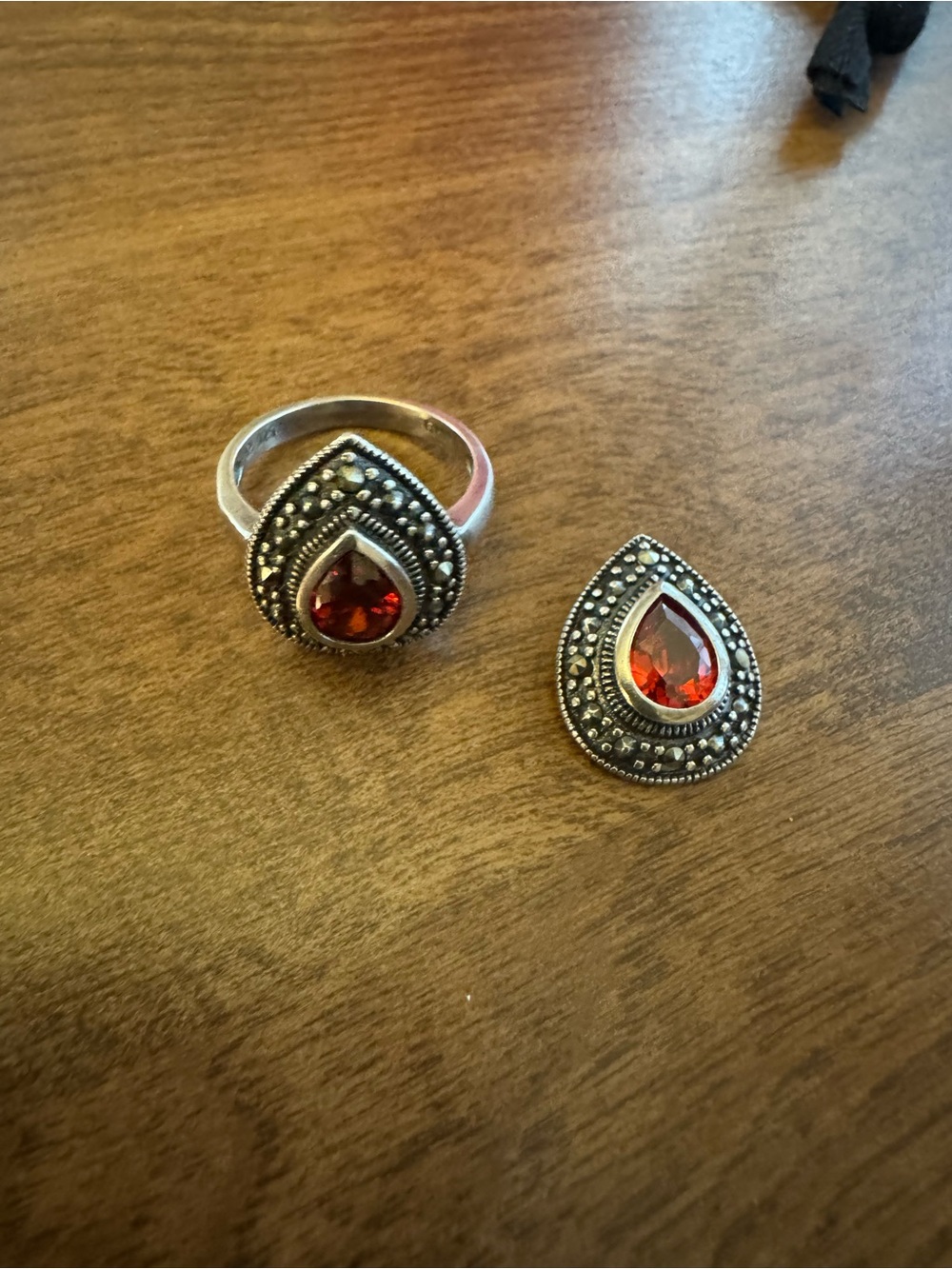 Garnet and Marcasite Sterling Set
